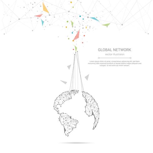 Connexion réseau globale, points et lignes de connexion Low Poly avec fond de carte du monde vecteur