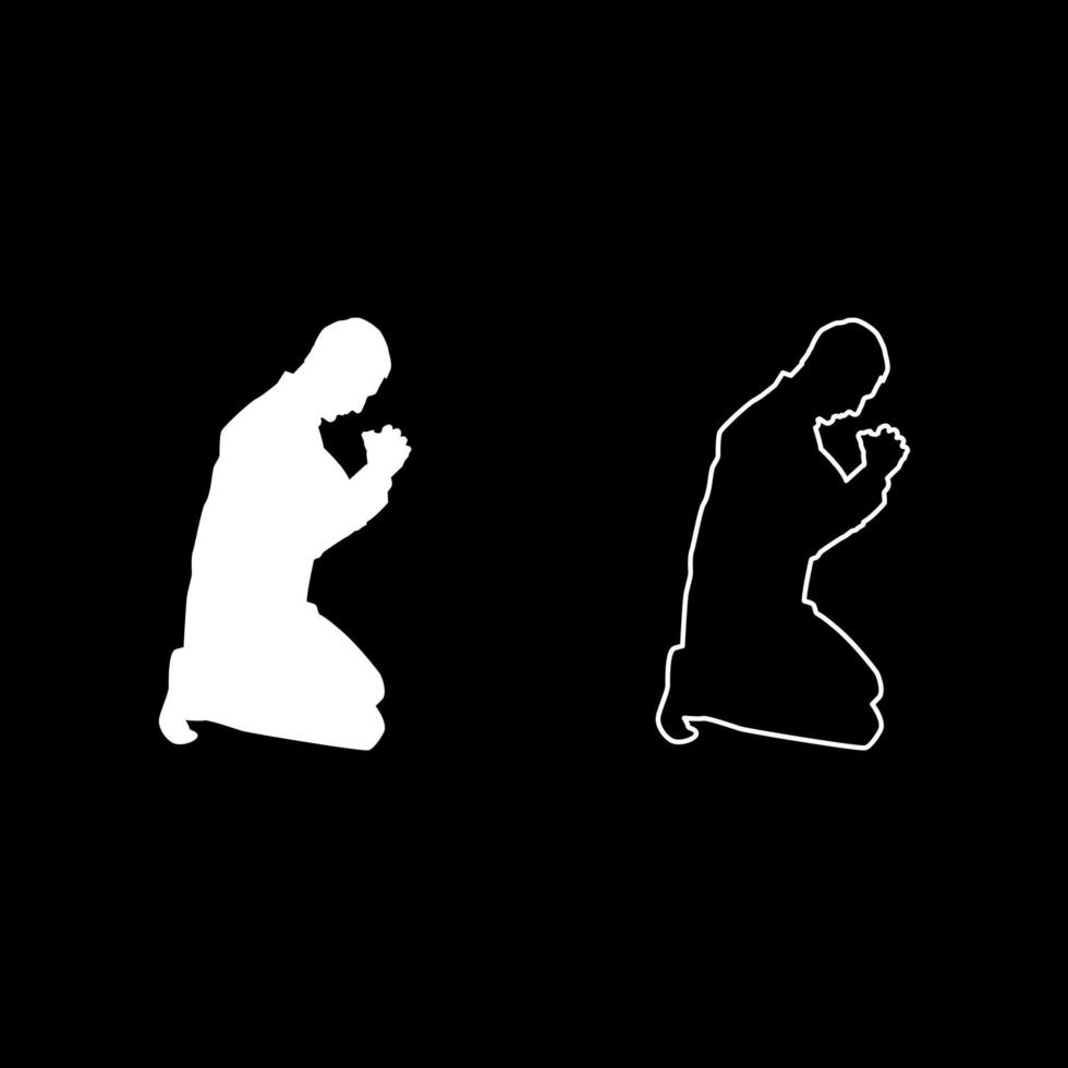 L'homme prie à genoux silhouette icon set illustration couleur blanc style plat simple image vecteur