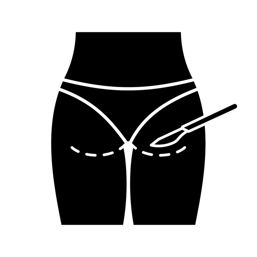 icône de glyphe de glutéoplastie. symbole de la silhouette. augmentation des fesses et liposuccion. chirurgie de lifting des fesses. chirurgie plastique. espace négatif. illustration vectorielle isolée vecteur