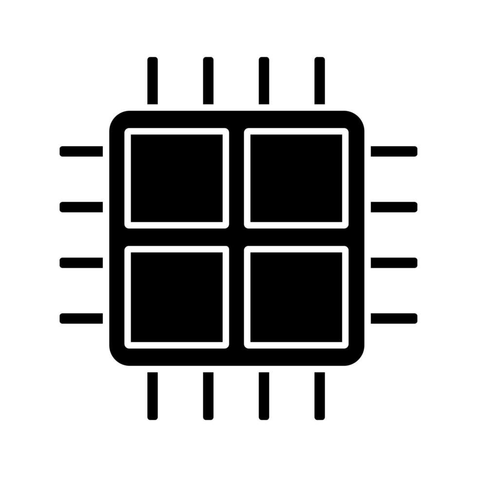 icône de glyphe de processeur quad core. microprocesseur à quatre cœurs. micropuce, jeu de puces. CPU. processeur multicœur informatique. circuit intégré. symbole de la silhouette. espace négatif. illustration vectorielle isolée vecteur