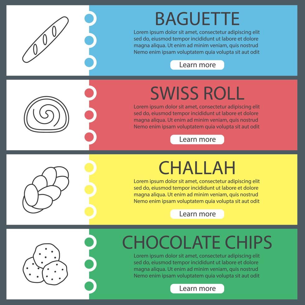 ensemble de modèles de bannière web de boulangerie. baguette, swiss roll, challah, pépites de chocolat. éléments de menu couleur du site Web avec des icônes linéaires. concepts de conception d'en-têtes vectoriels vecteur