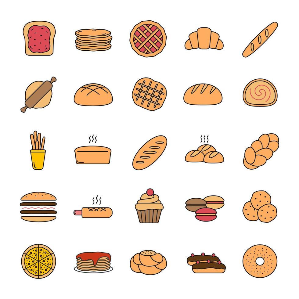 icône de couleur de boulangerie. Pâtisserie. confiserie. pain, brioches, biscuits, macaron, crêpes. illustration vectorielle isolée vecteur