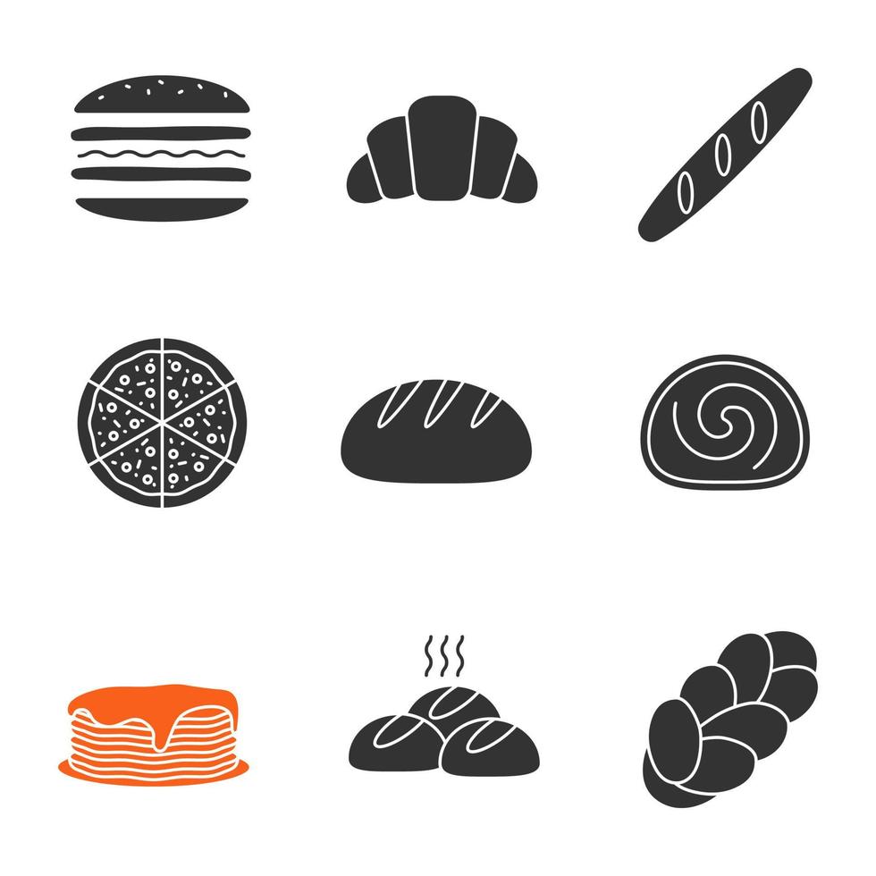 ensemble d'icônes de glyphe de boulangerie. burger, croissant, baguette, pizza, pain rond, swiss roll, crêpes, petits pains, challah. symboles de silhouettes. illustration vectorielle isolée vecteur