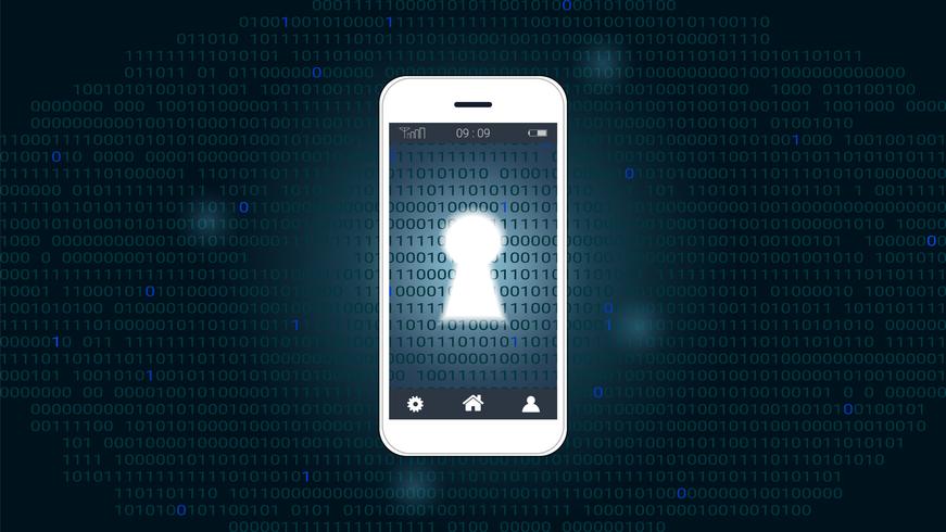 Écran de téléphone intelligent avec trou de la serrure sur fond numérique de code binaire. vecteur