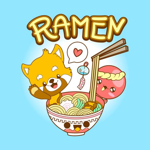 japan doodle mignon panda rouge et poulpe manger des ramen vecteur