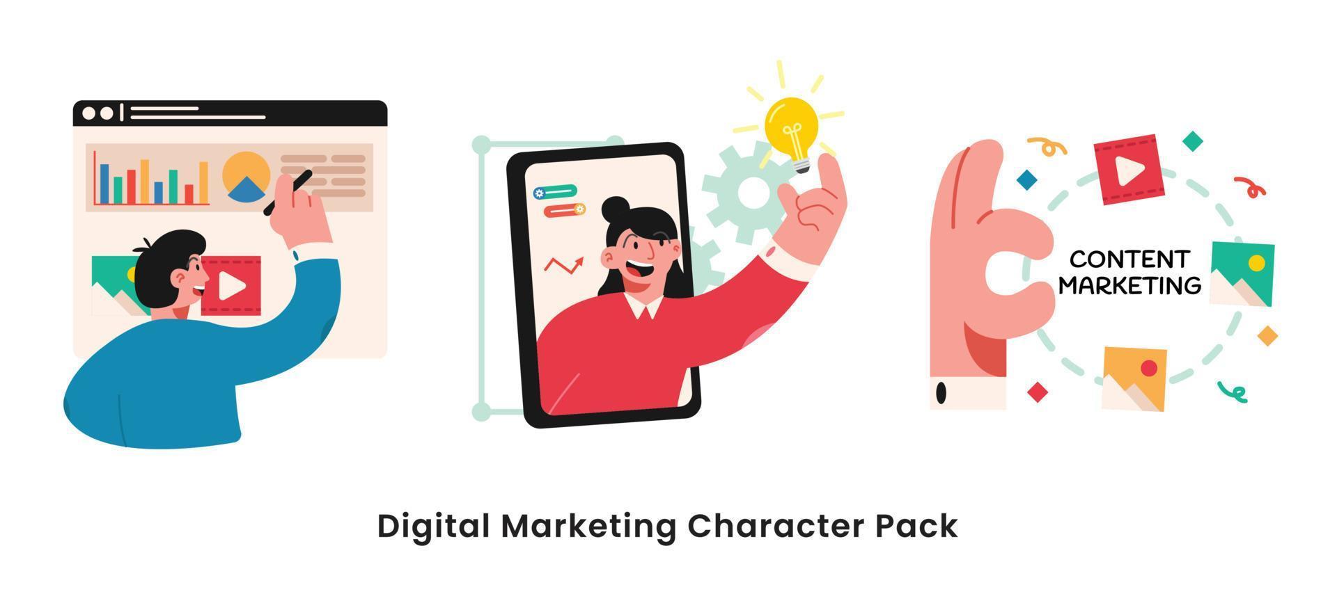 illustration de personnage de marketing numérique. pack collection d'hommes et de femmes participent au marketing numérique vecteur