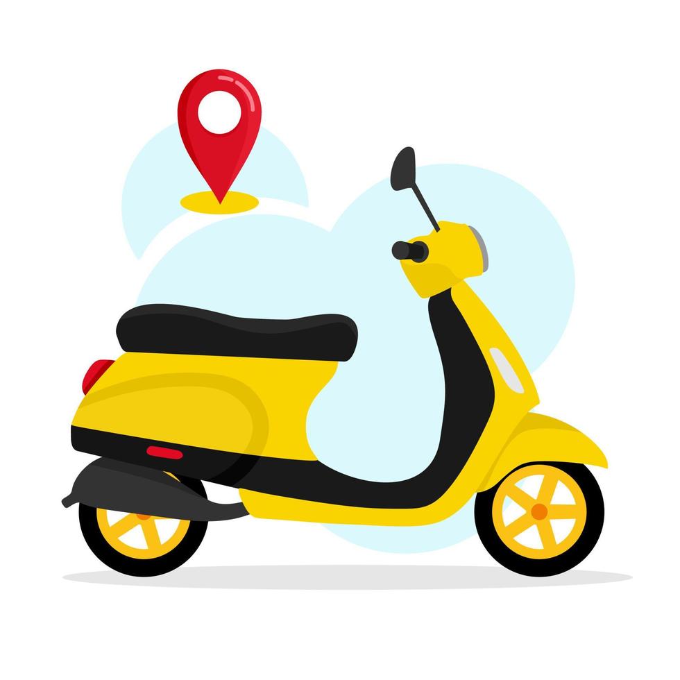 scooter jaune avec géolocalisation. service de livraison à domicile de commande en ligne. illustration vectorielle pour sites Web, applications mobiles, bannières et affiches. vecteur