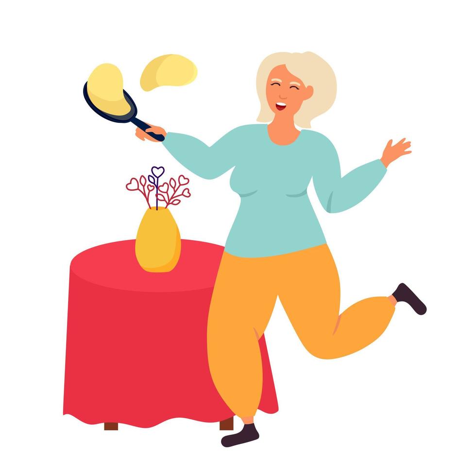 la grand-mère des personnes âgées prépare des crêpes. les retraités sont sportifs. illustration vectorielle isolée sur fond blanc. vecteur