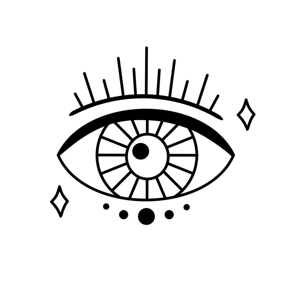l'oeil magique. symboles magiques griffonnages boho ésotérique éléments mystiques dessinés à la main cristaux de pierre. éléments vectoriels magiques vecteur