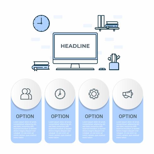 Infographie de l&#39;entreprise. Diagramme d&#39;infographie avec table de travail espace de travail et ordinateur. modèle de présentation. vecteur