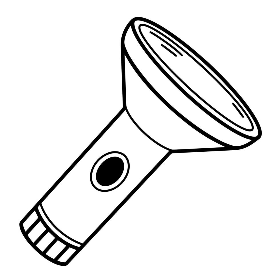 icône de vecteur de lampe de poche dessiné à la main. lampe de camping portable avec bouton d'alimentation et anneau avant. croquis d'équipement touristique. contour de la lanterne. doodle monochrome isolé sur fond blanc.