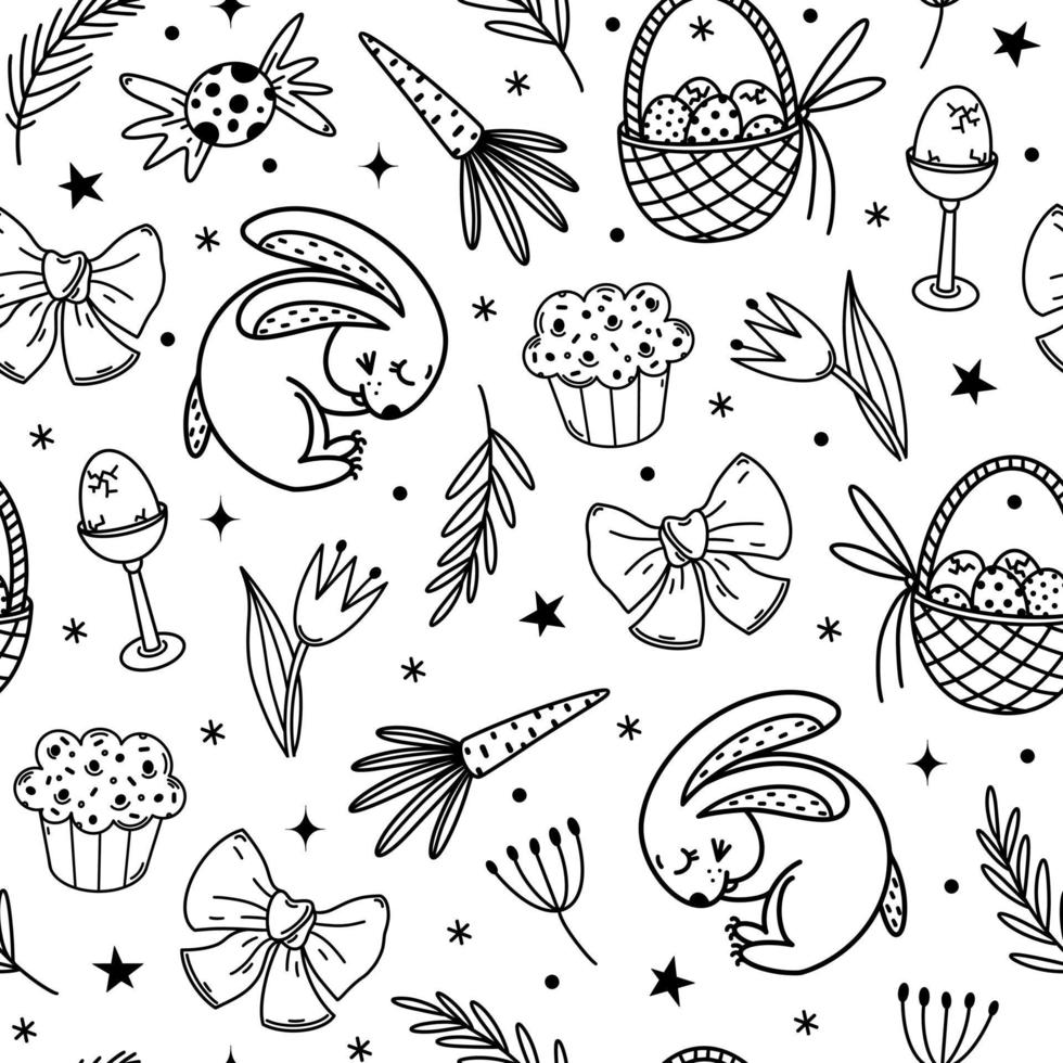 modèle vectorielle continue de Pâques. illustration dessinée à la main isolée sur fond blanc. symboles saisonniers - lapin mignon, oeuf, gâteau, carotte, fleurs de printemps. concept de dessin animé, doodle monochrome simple vecteur