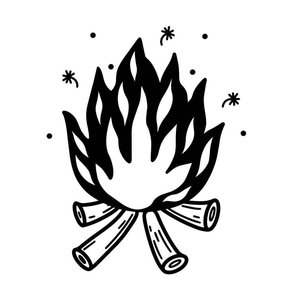 un feu de joie brûlant dessiné à la main. bûches en feu. illustration monochrome de bois de chauffage brûlant dans le feu. une esquisse d'étincelles jaillissant du foyer. doodle du feu de camp. vecteur