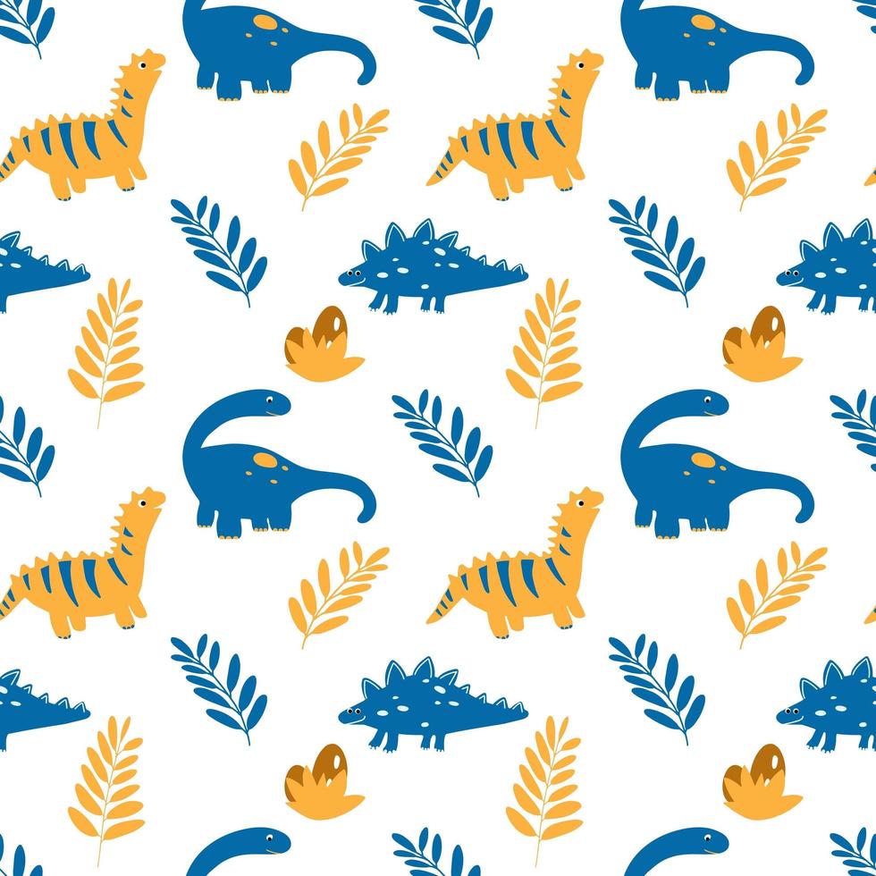 modèle sans couture de vecteur avec des dinosaures et des feuilles dans un style enfantin plat de dessin animé. fond d'illustration d'enfants d'animaux dans les couleurs bleus et jaunes