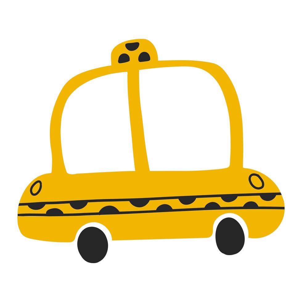 voiture de taxi jaune isolée sur fond blanc dans un style dessiné à la main de dessin animé. icône de transport enfantin pour la pépinière, les vêtements pour bébés, le design textile et produit, le papier peint, le papier d'emballage, la carte, le scrapbooking. vecteur