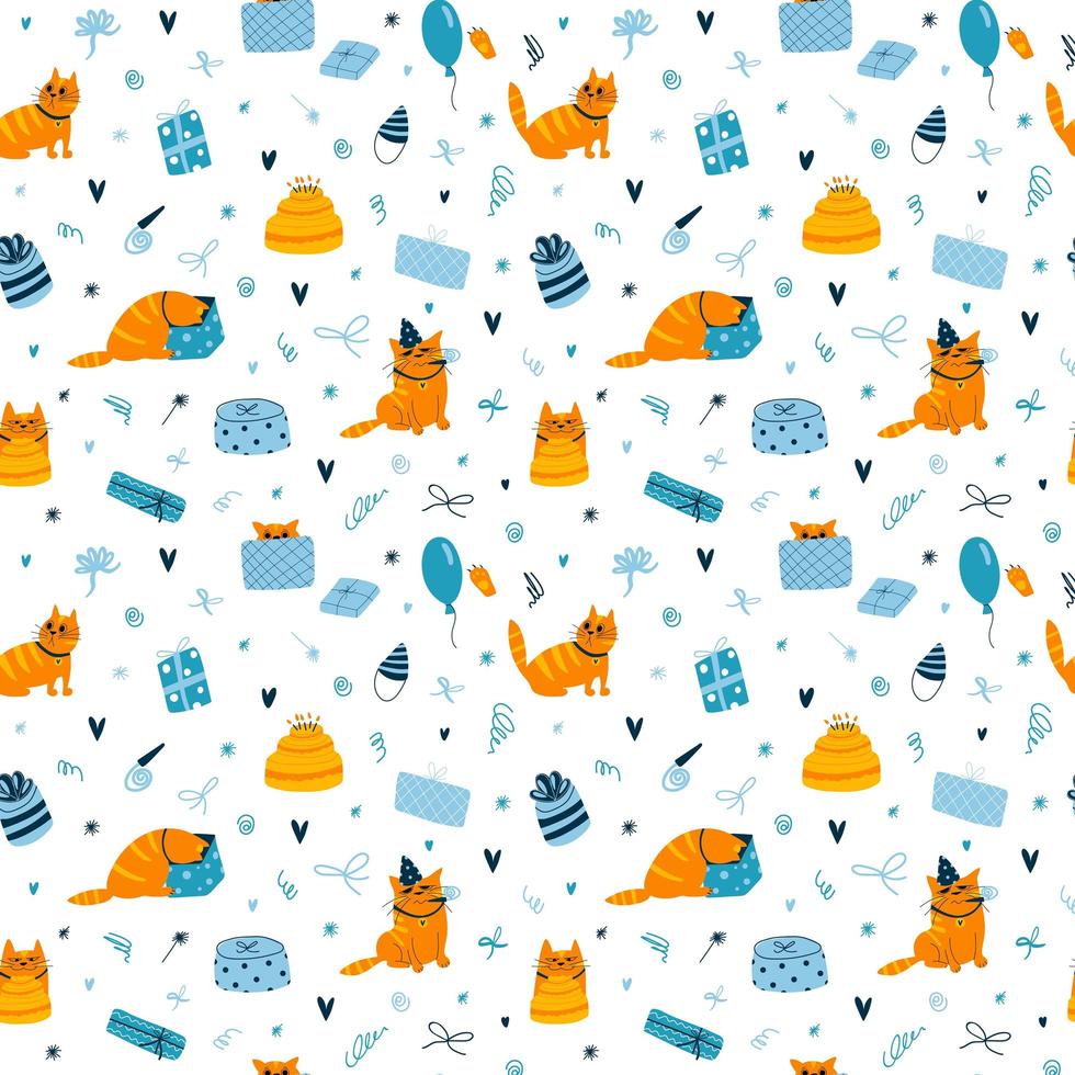 modèle sans couture de vecteur avec des chats d'anniversaire drôles sur fond blanc. papier peint coloré avec des chats, un gâteau d'anniversaire et des bougies, des cadeaux, des ballons en bleu et au gingembre