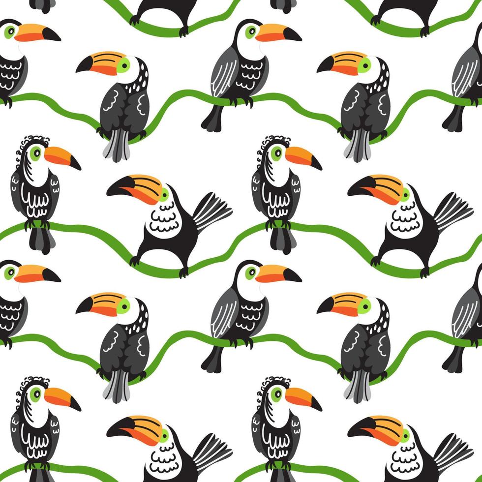 quatre toucans assis sur les branches. modèle sans couture tropical avec des oiseaux exotiques sur fond blanc. vecteur