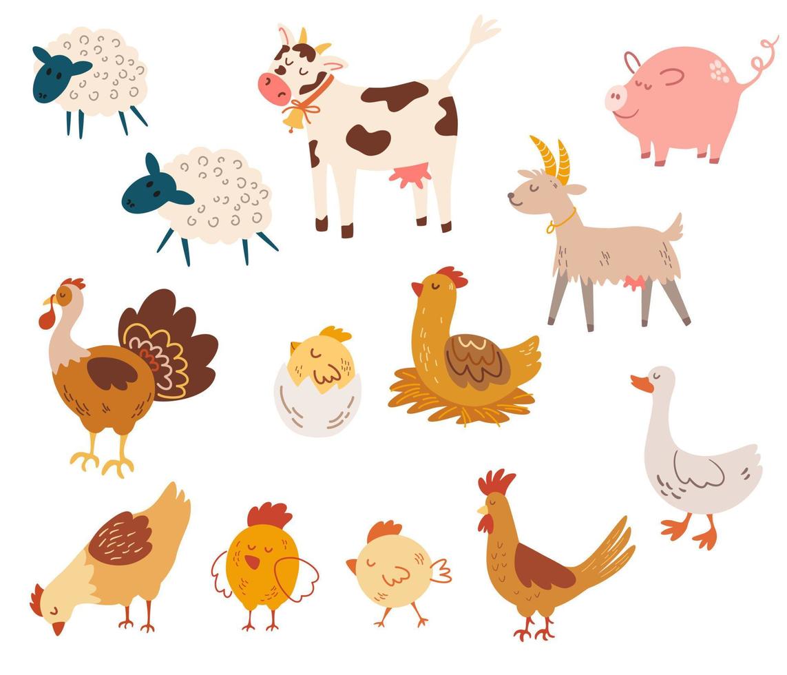 animaux de la ferme. poulets, coq, cochon, vache, chèvre, mouton, oie et dinde. illustration de dessin animé de vecteur isolé sur fond blanc.