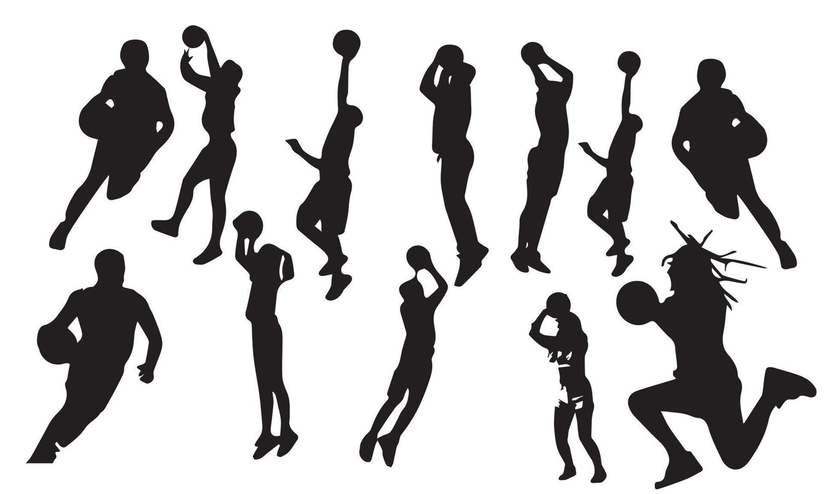 ensemble vectoriel de silhouettes de joueurs de basket-ball, silhouettes de basket-ball fond noir et blanc