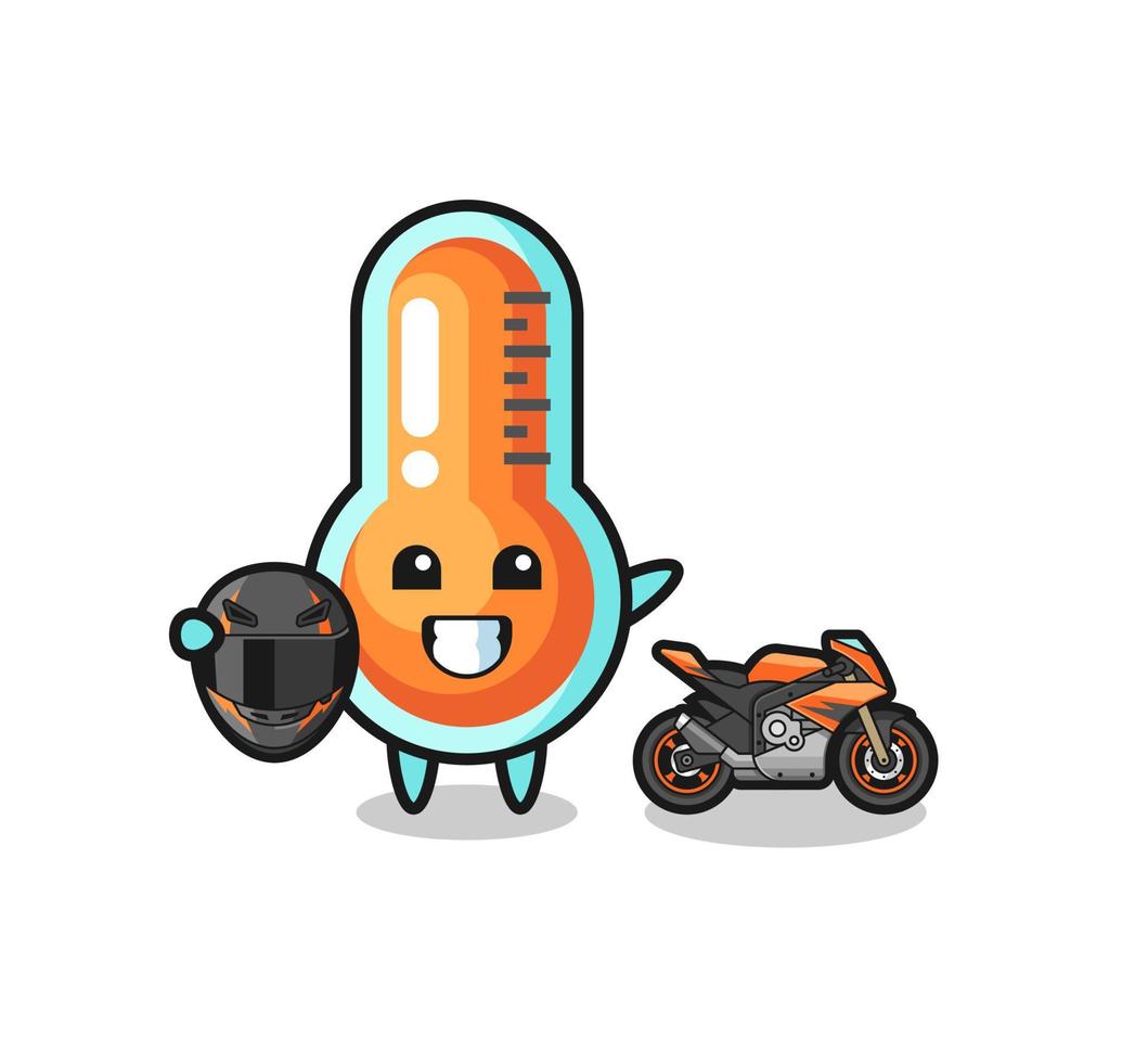 dessin animé mignon de thermomètre en tant que coureur de moto vecteur