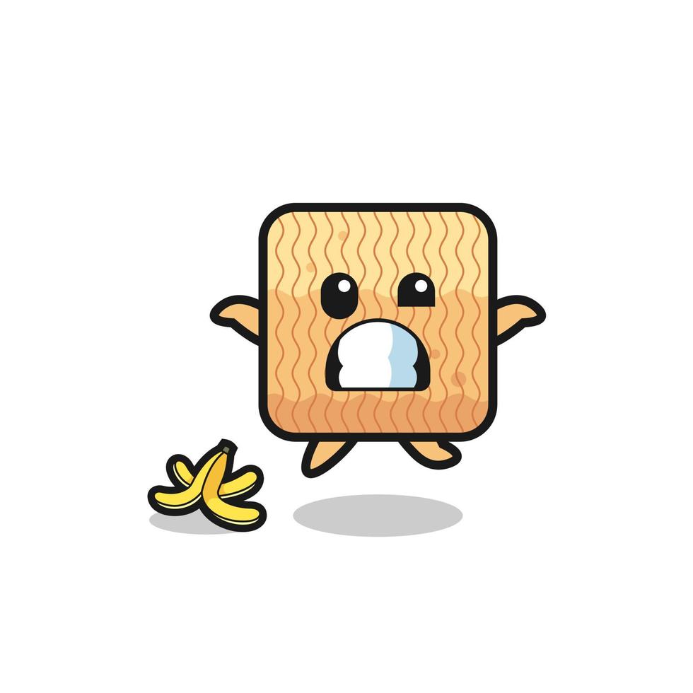 le dessin animé de nouilles instantanées brutes glisse sur une peau de banane vecteur