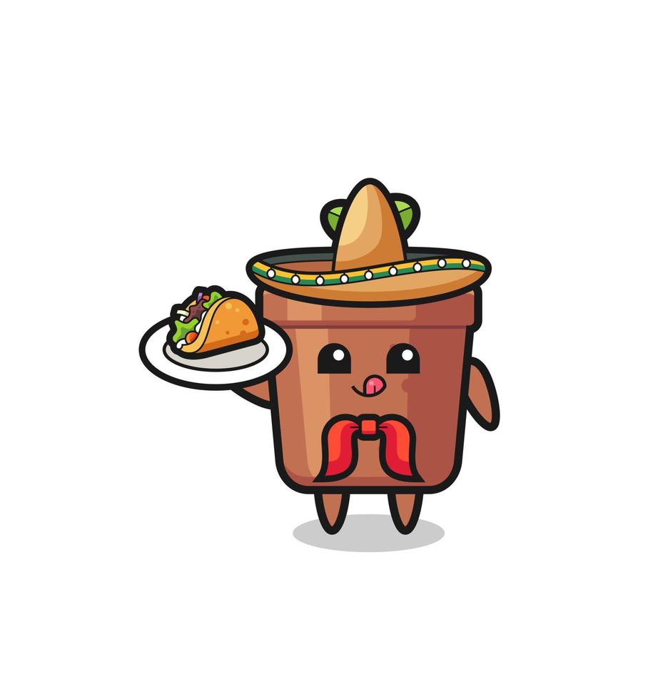 pot de plantes chef mexicain mascotte tenant un taco vecteur