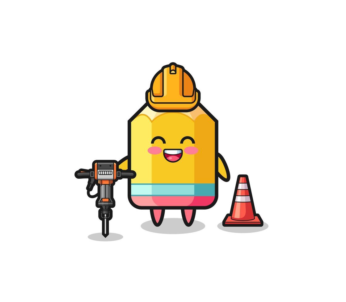 mascotte de travailleur routier de crayon tenant une perceuse vecteur