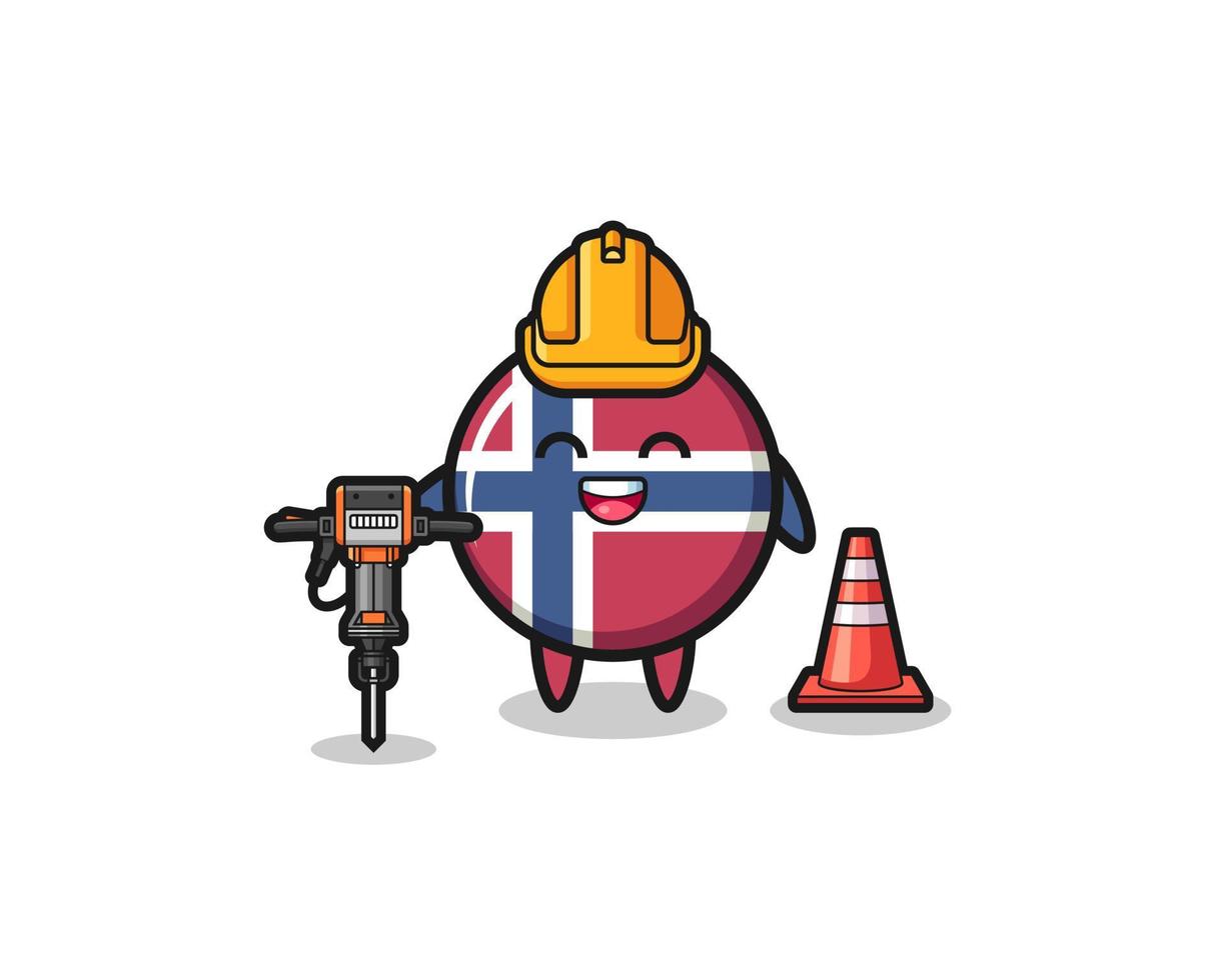 mascotte de travailleur de la route du drapeau de la norvège tenant une perceuse vecteur