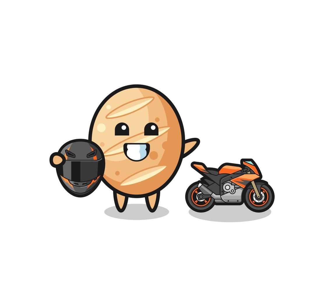 dessin animé mignon de pain français en tant que coureur de moto vecteur