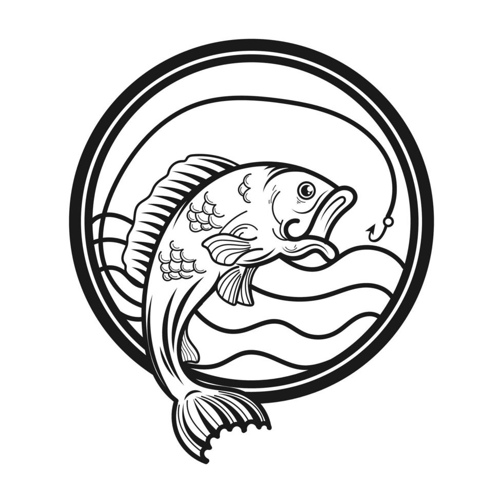 gros contour de basse noir et blanc. logo de pêche. vecteur