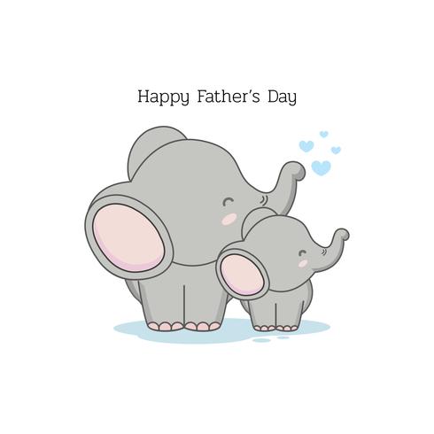 Carte de fête des pères avec des personnages de dessins animés drôles. Papa éléphant et son bébé vecteur