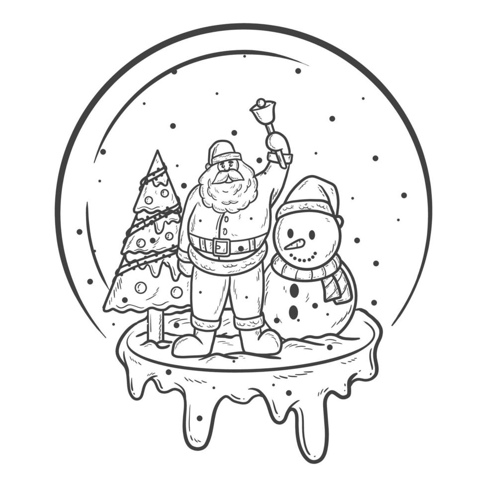 père noël mignon dessiné à la main, bonhomme de neige et arbre de noël dans une boule de verre. illustration vectorielle de style libre vecteur