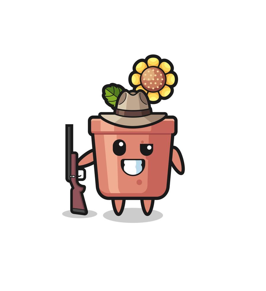 mascotte de chasseur de pot de tournesol tenant un pistolet vecteur