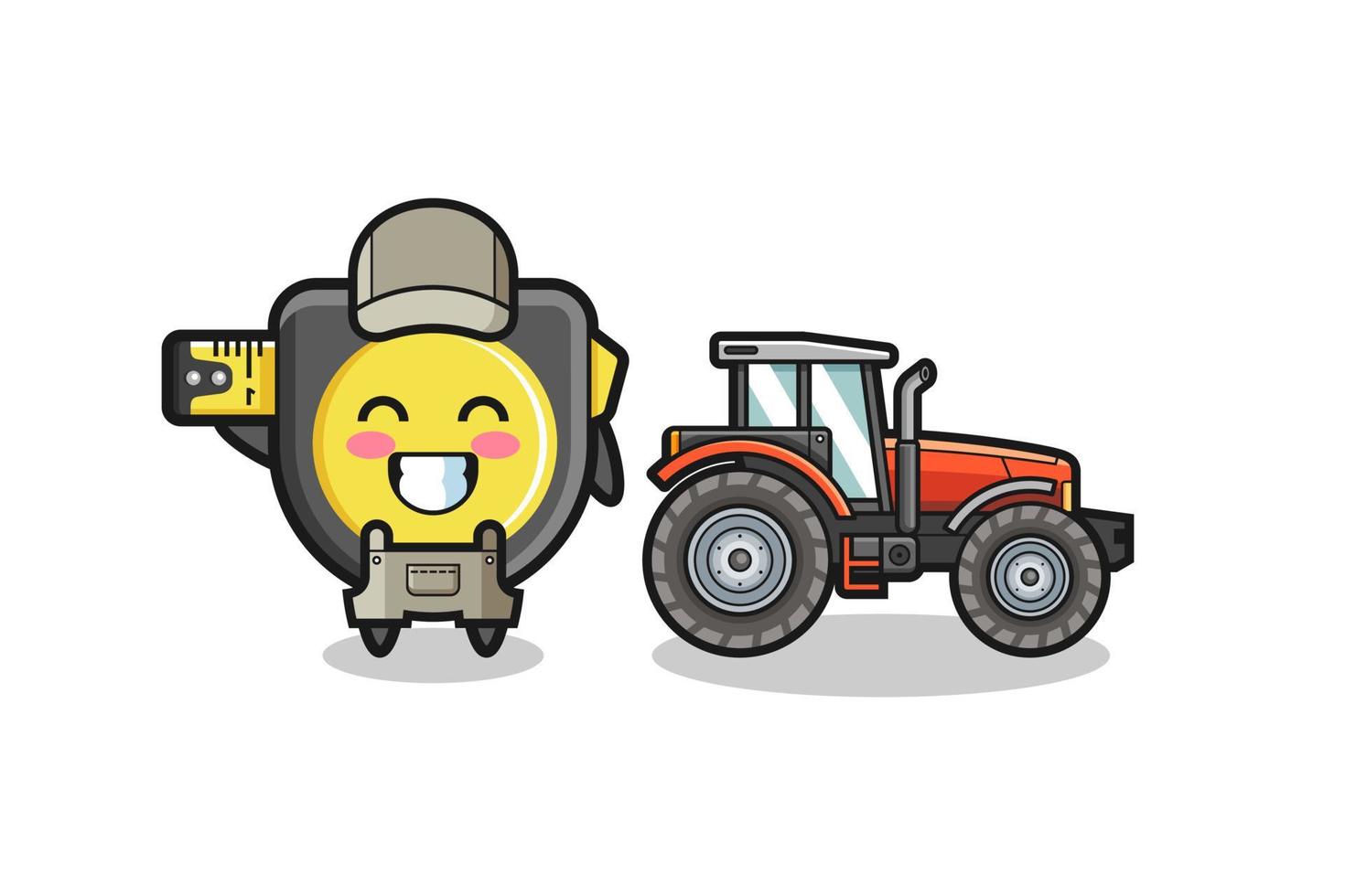 la mascotte du fermier à ruban à mesurer debout à côté d'un tracteur vecteur