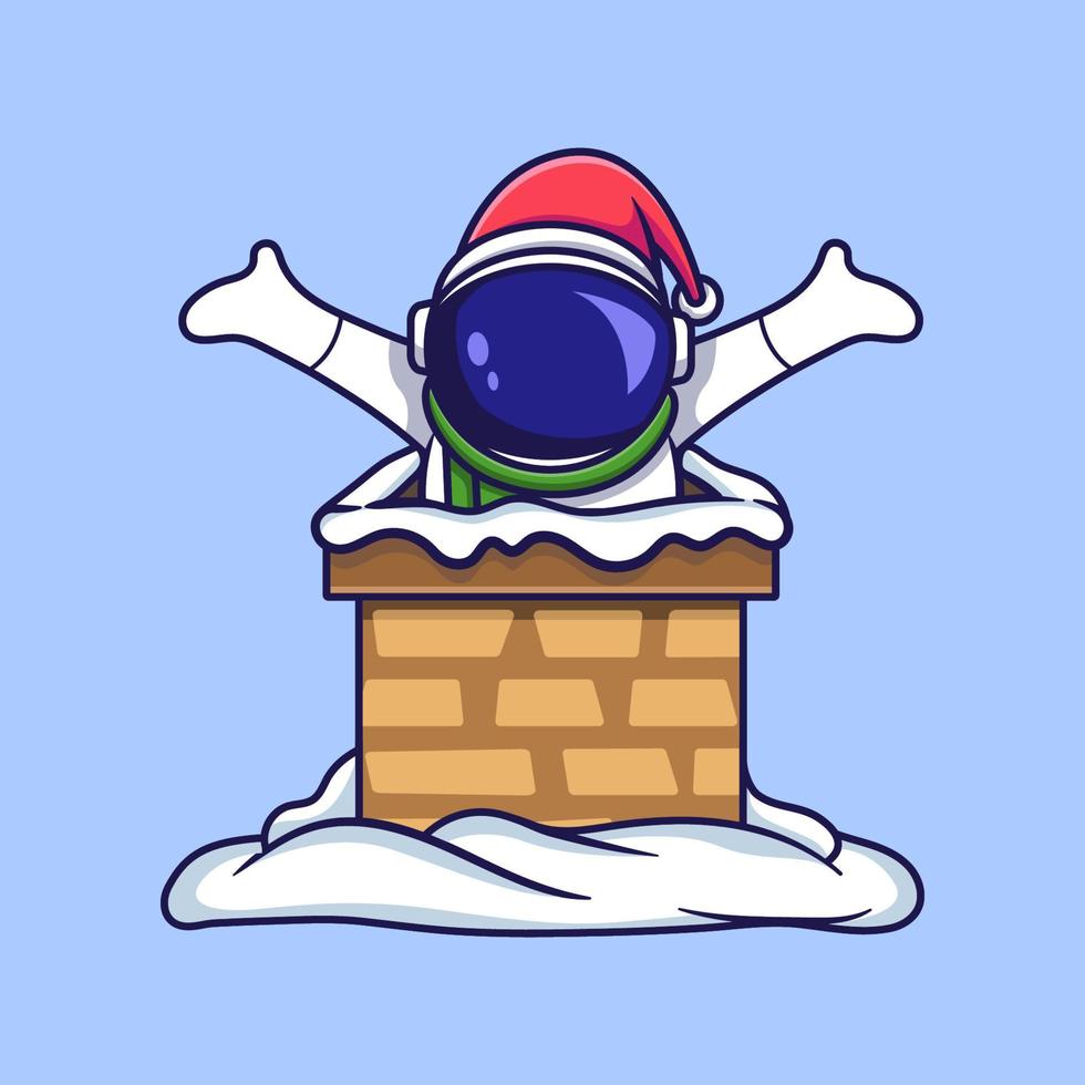 le joli personnage de noël astronaute est entré dans la cheminée de la maison. dessin animé plat vecteur
