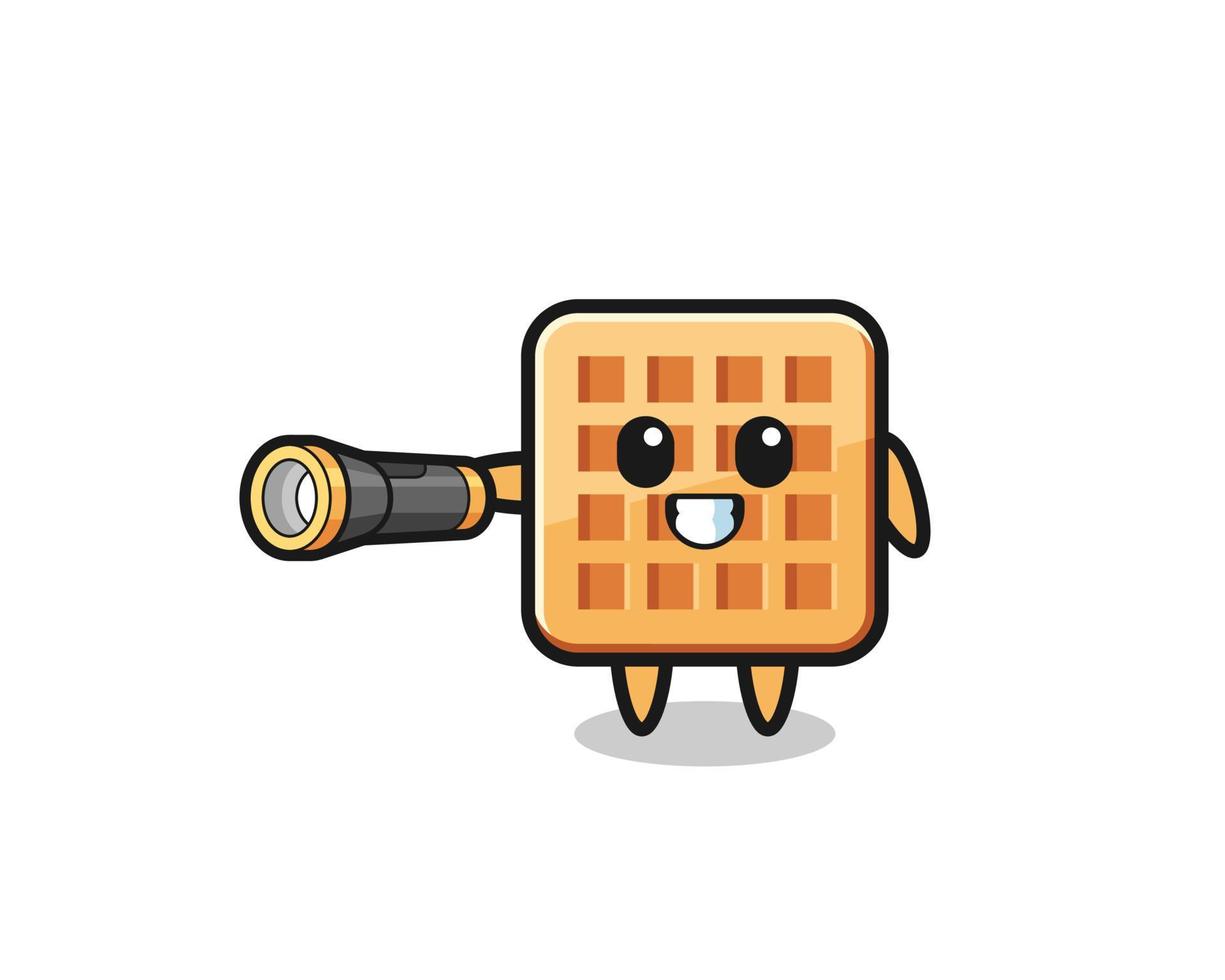 mascotte de gaufre tenant une lampe de poche vecteur