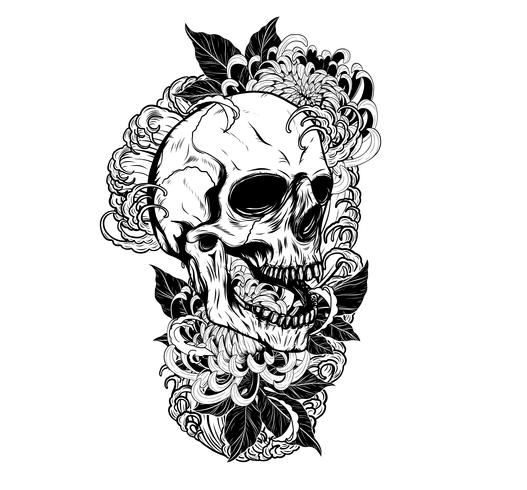 Crâne avec tatouage de chrysanthème à la main vecteur