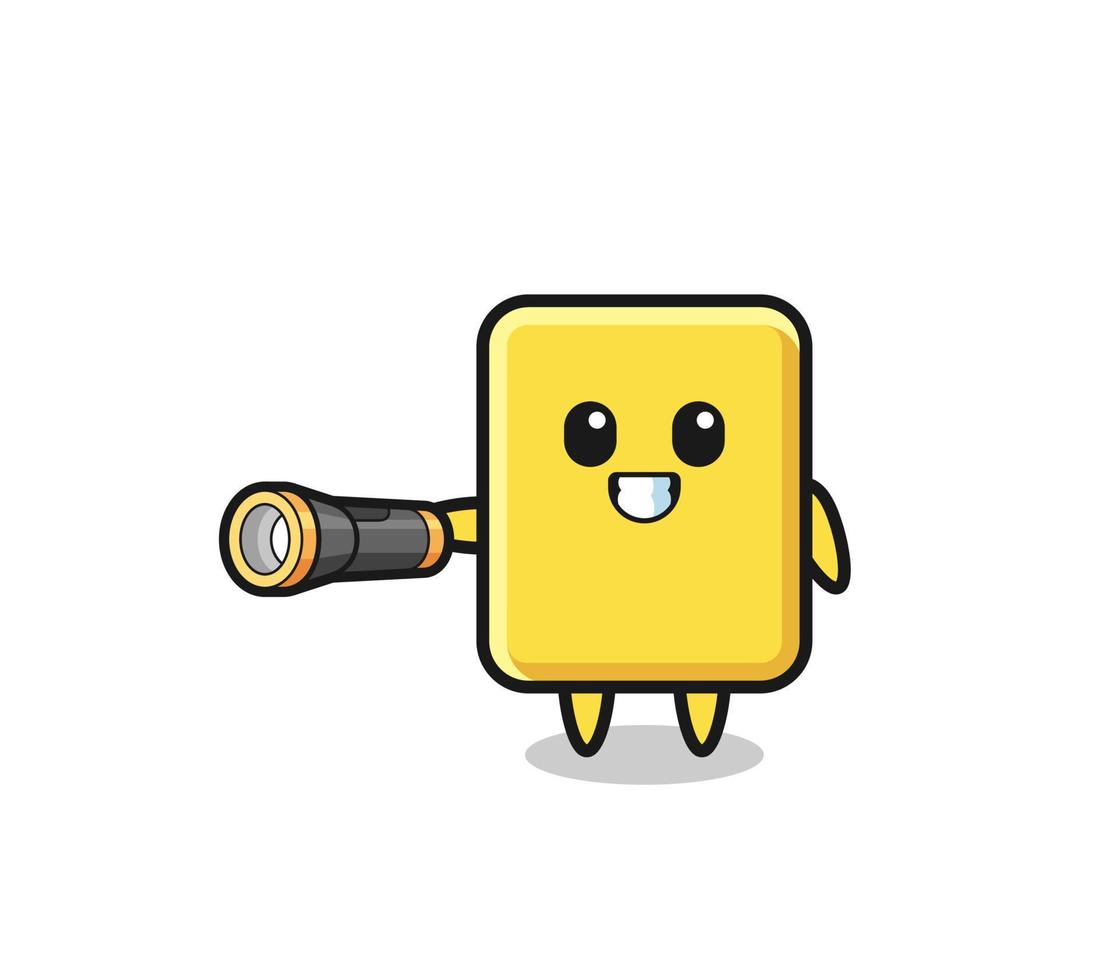 mascotte carton jaune tenant une lampe de poche vecteur