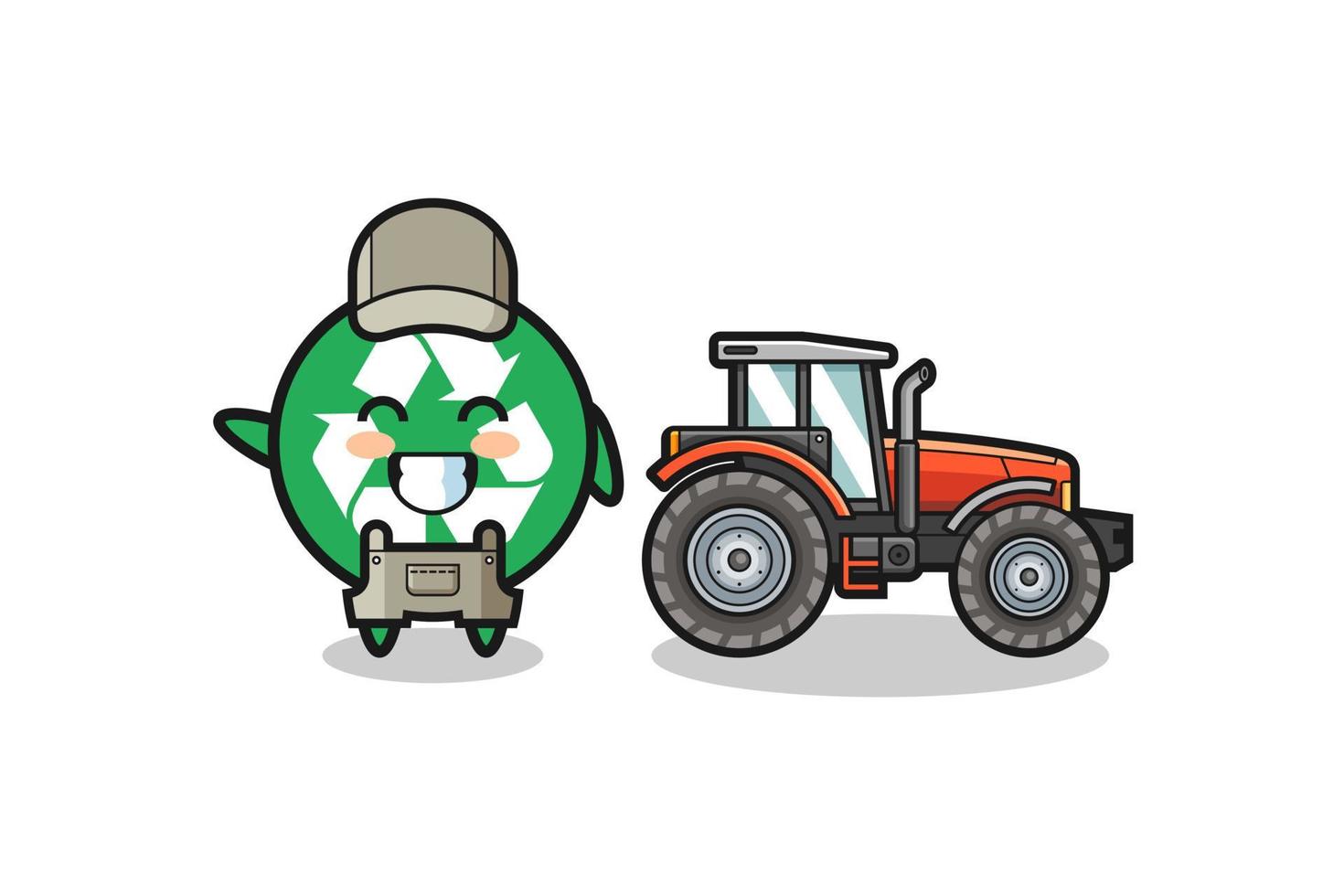 la mascotte du fermier recycleur debout à côté d'un tracteur vecteur