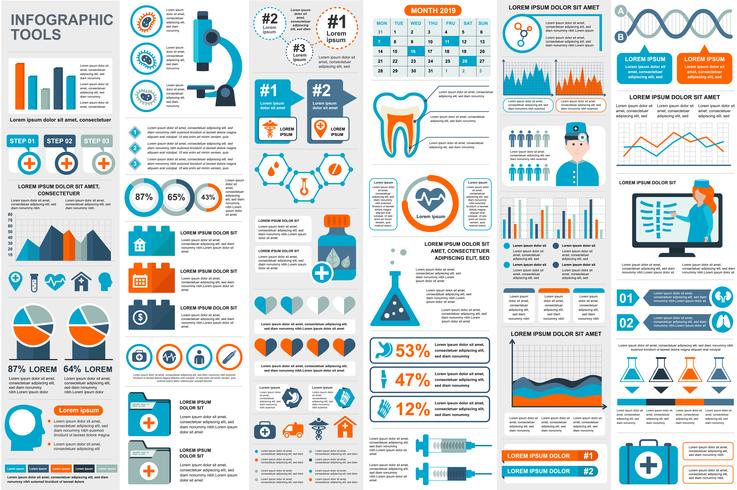 Modèle de conception médicale infographie éléments données visualisation vecteur. Peut être utilisé pour les étapes, les options, le flux de travail, le diagramme, le concept d&#39;organigramme, la timeline, les icônes de soins de santé, la recherche, les vecteur