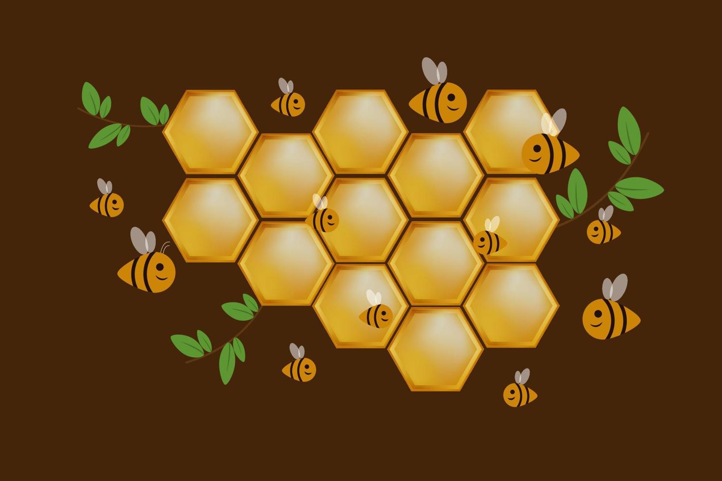 abeilles ouvrières sur des cellules de miel isolées sur fond sombre. illustration vectorielle vecteur