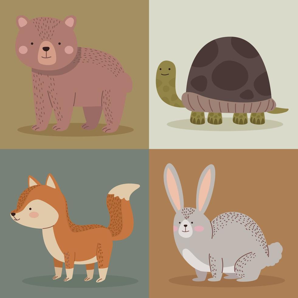 quatre icônes d'animaux mignons vecteur