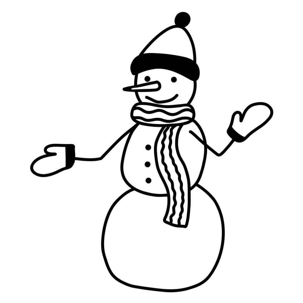 bonhomme de neige drôle de doodle de noël vecteur dessiné à la main. illustration linéaire de vacances