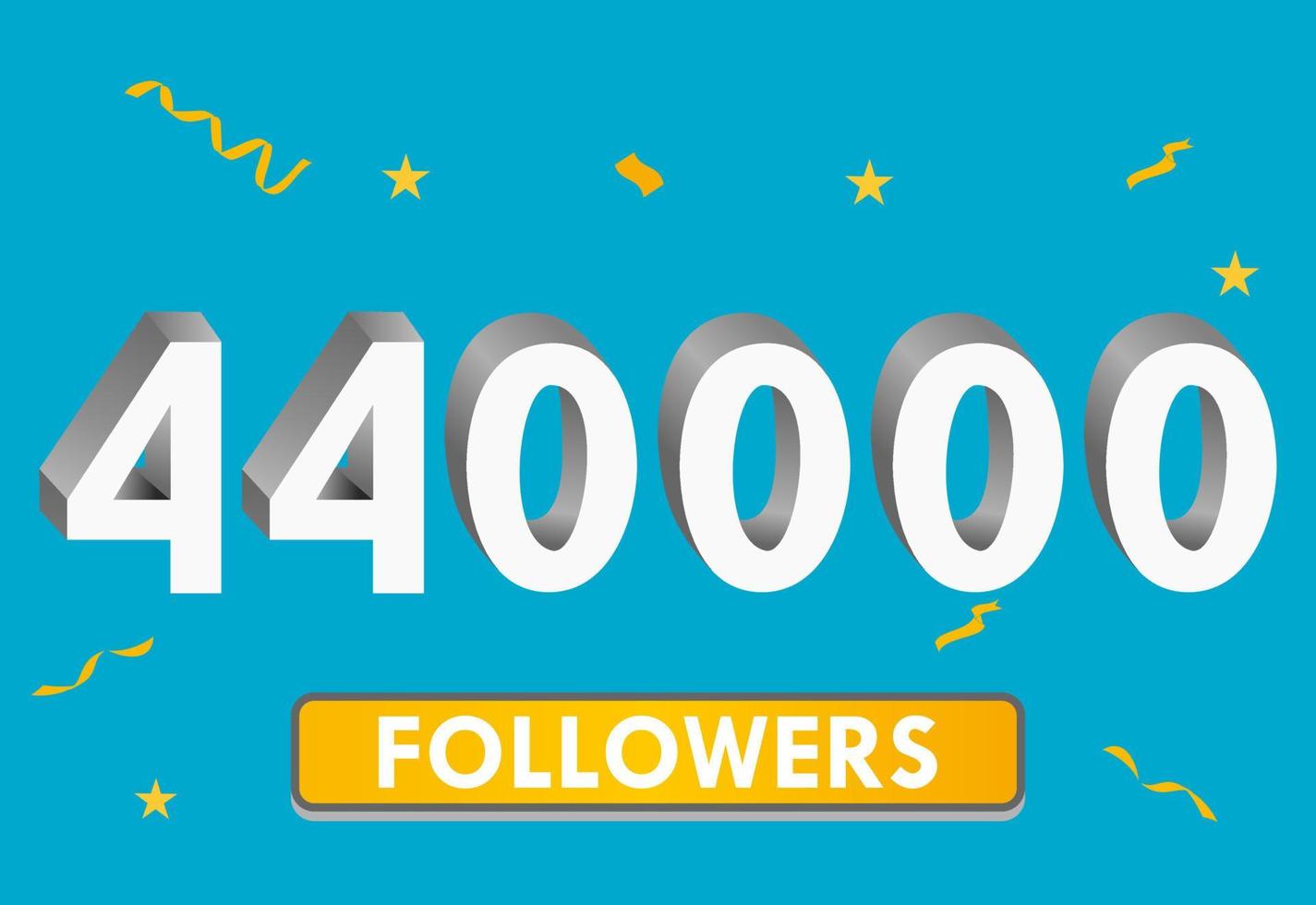 illustration numéros 3d pour les médias sociaux 440k aime merci, célébrant les fans des abonnés. bannière avec 440000 followers vecteur