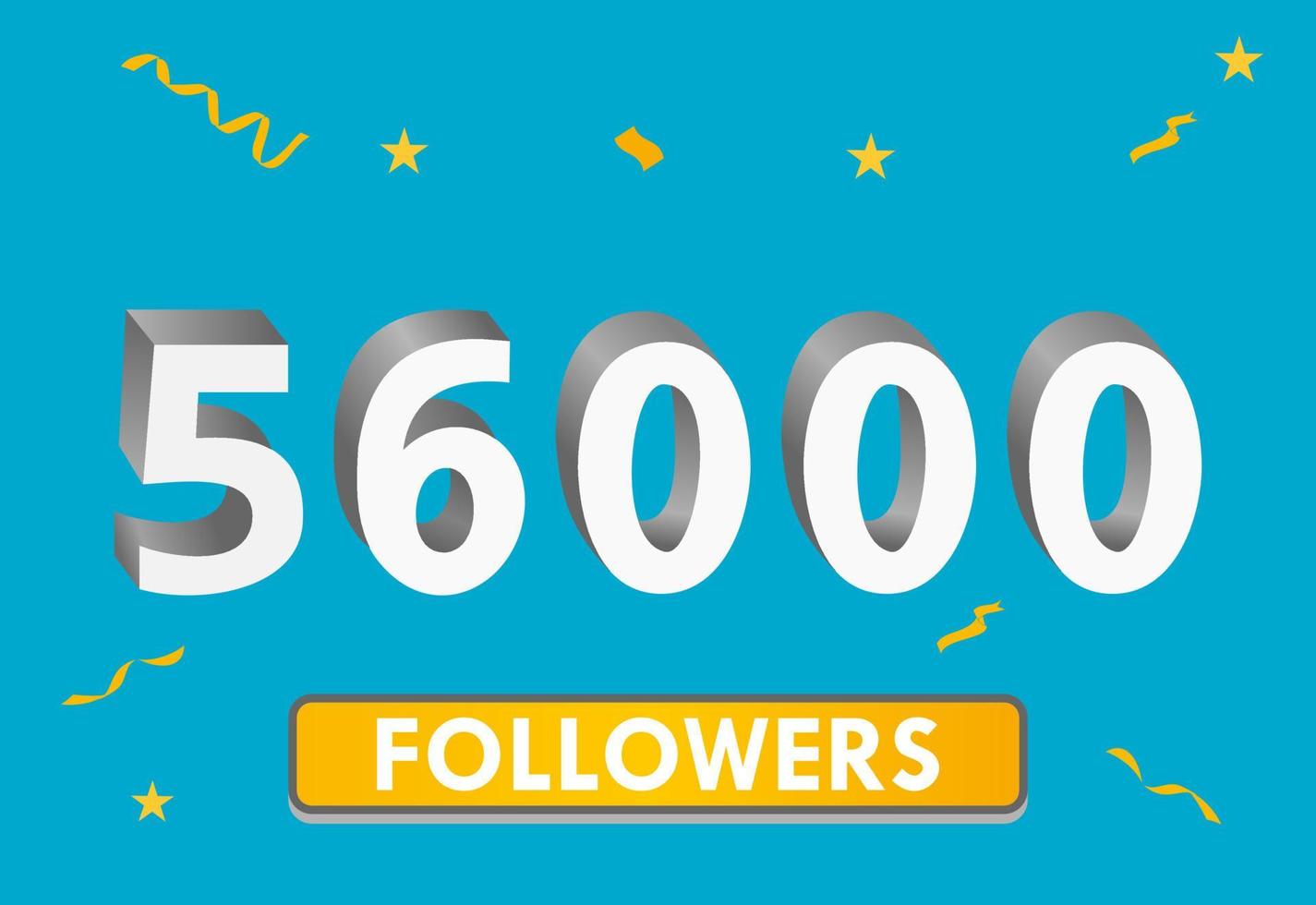illustration numéros 3d pour les médias sociaux 56k aime merci, célébrant les fans des abonnés. bannière avec 56000 followers vecteur