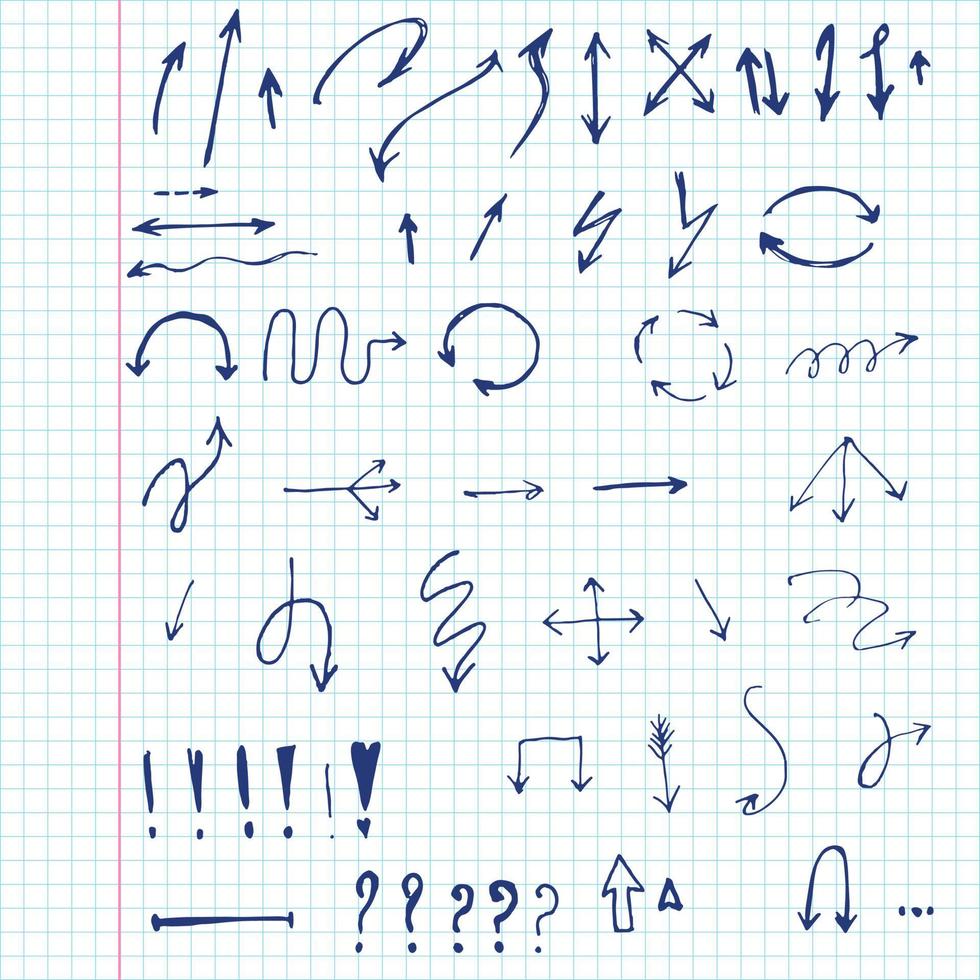 flèches d'encre de croquis dessinés à la main, point d'interrogation, point d'exclamation sur fond de page de cahier. éléments de conception d'illustration vectorielle vecteur