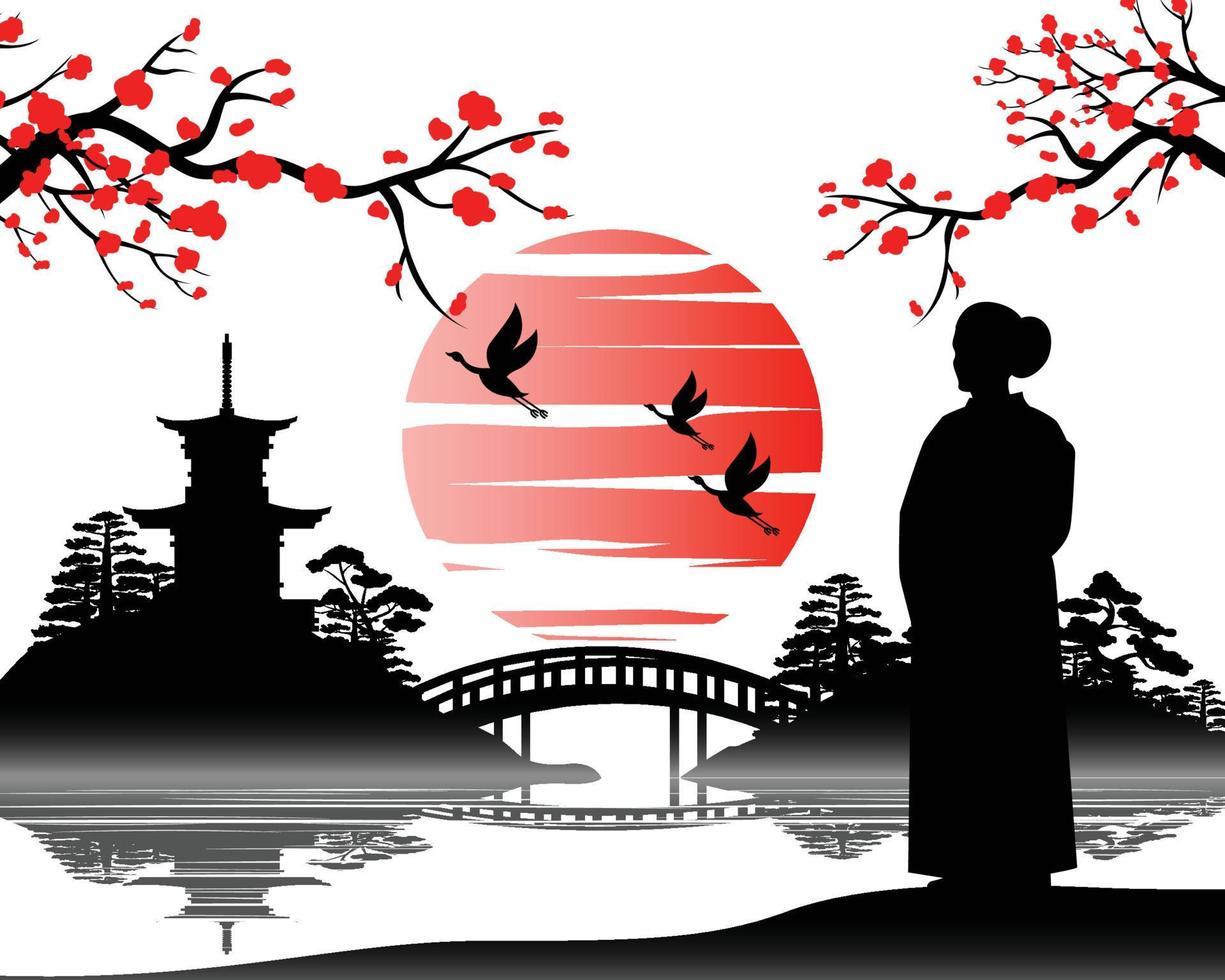 l'art japonais avec un design ancien de femme kimono regarde la pagode vecteur