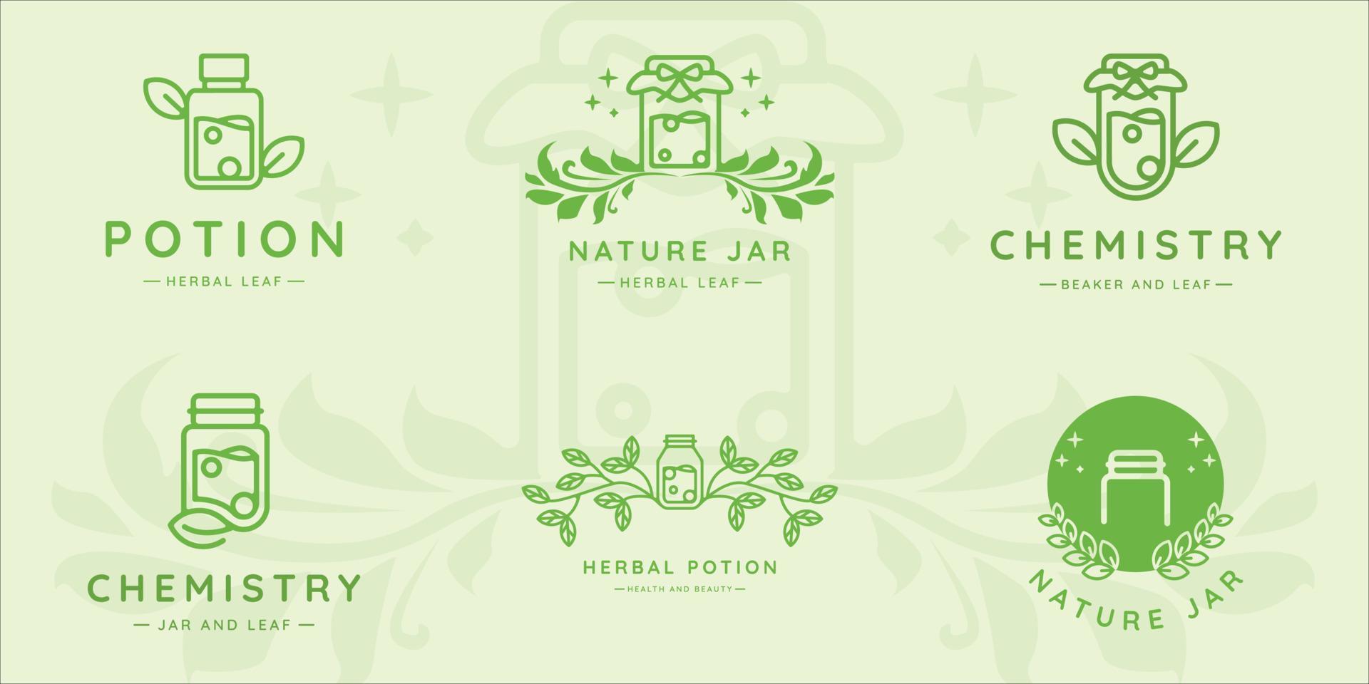 ensemble de pot et feuille logo ligne art vecteur illustration modèle icône conception graphique. collection groupée de diverses potions à base de plantes avec un concept naturel pour l'entreprise