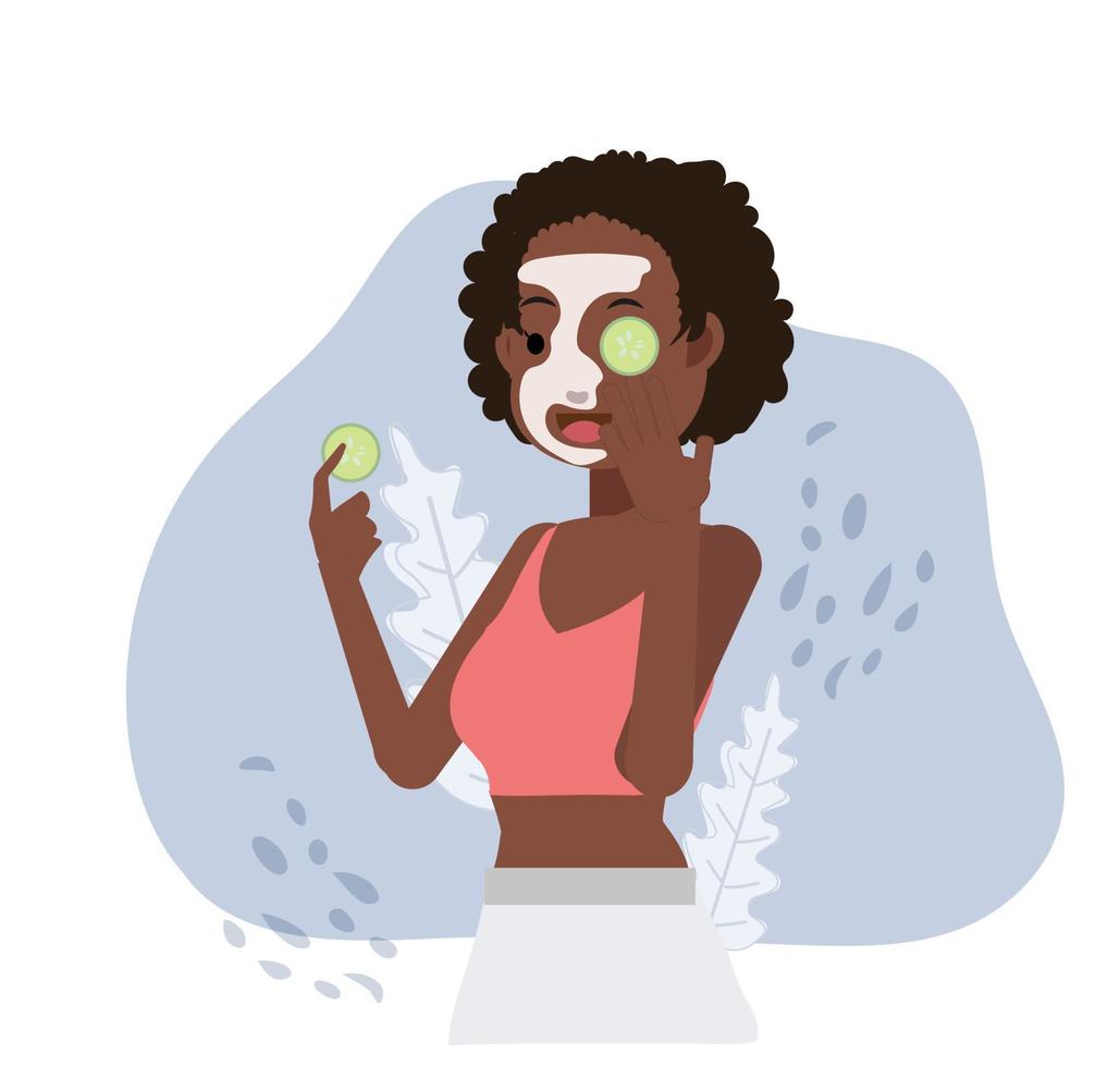 concept de traitement de la peau du visage. femme américaine aricane avec des tranches de concombre sur les yeux. masque facial. spa therapy.flat vector illustration de personnage de dessin animé.