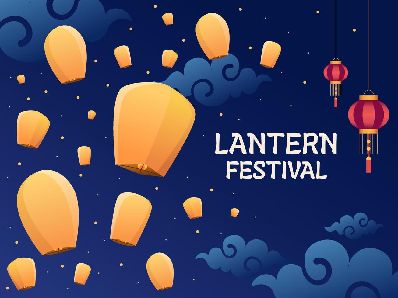 illustration du festival des lanternes chinoises avec des lanternes volant dans la nuit. fête de la mi-automne. peut être utilisé pour la carte de voeux, la carte postale, l'invitation, l'affiche, la bannière, le web, l'impression, l'animation, etc. vecteur